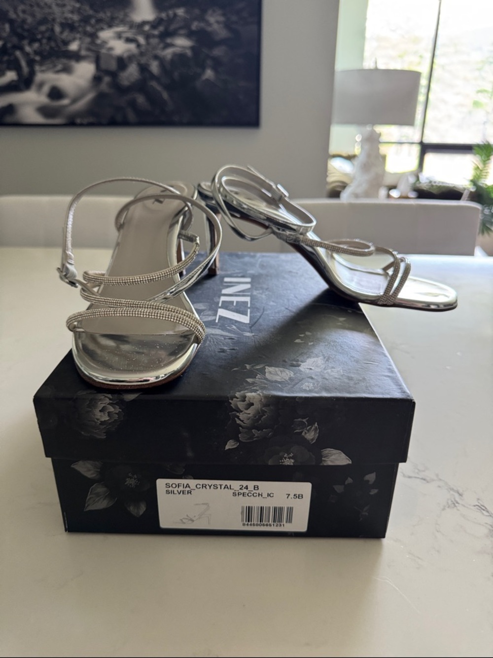 Inez Sofia Crystal Silver Strappy Women's Heels in Size 7.5